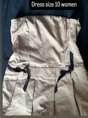 Strapless Beige Party Dress with Black Ribbon Accent